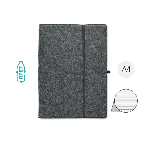 Cartella portadocumenti A4 in feltro RPET con block notes da 100 fogli a righe ed elastico portapenne