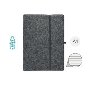 Cartella portadocumenti A4 in feltro RPET con block notes da 100 fogli a righe ed elastico portapenne