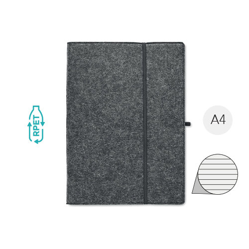 Cartella portadocumenti A4 in feltro RPET con block notes da 100 fogli a righe ed elastico portapenne