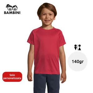 T-shirt da bambino unisex sportiva colori assortiti a girocollo in poliestere traspirante 140gr