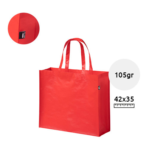 Shopper in RPET a soffietto con finitura laminata in diverse colorazioni con mainici lunghi da 105gr 42x35x15cm