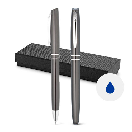 Set con penna roller e penna a sfera in alluminio con refill blu fornite in scatola regalo imbottita