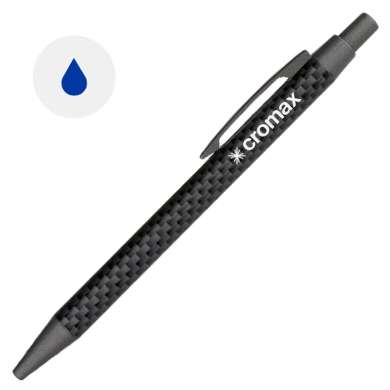 Penna a sfera in metallo con decorazione simil carbonio sul corpo refill blu