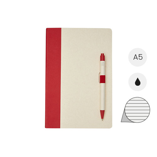 Block notes A5 realizzato con cartoni del latte riciclati 80 fogli a righe e penna a sfera refill nero