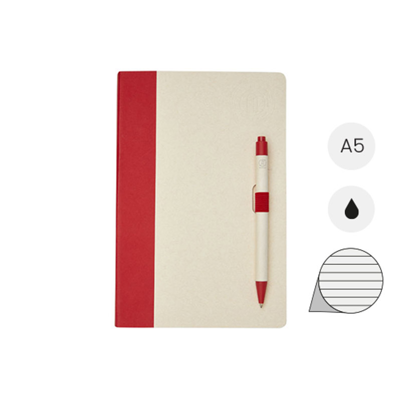 Block notes A5 realizzato con cartoni del latte riciclati 80 fogli a righe e penna a sfera refill nero