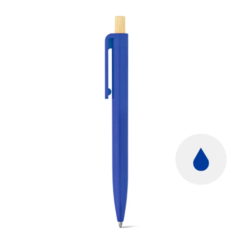Penna a sfera in ABS riciclato con pulsante in bambù e refill blu