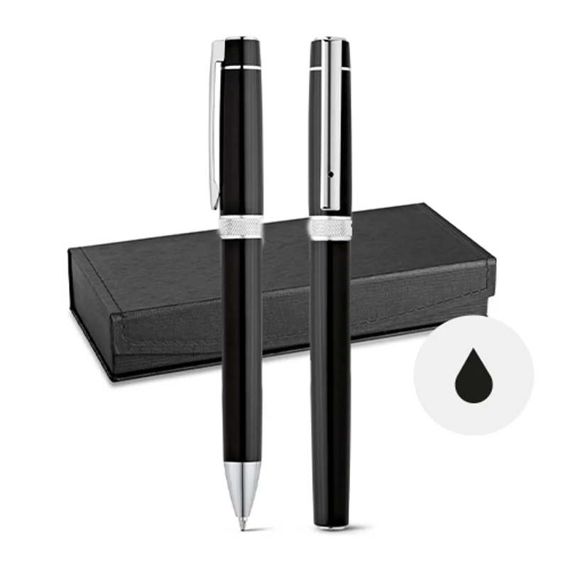 Set con penna roller e penna a sfera in metallo con refill nero fornite in scatola regalo imbottita