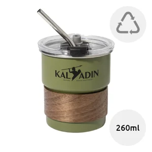 Tazza inox riciclato a parete singola con presa in legno di noce cannuccia e coperchio da 260ml