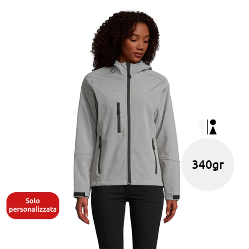 Giacca con cappuccio da donna in softshell 340g con 2 tasche laterali e 1 tasca sul petto con zip