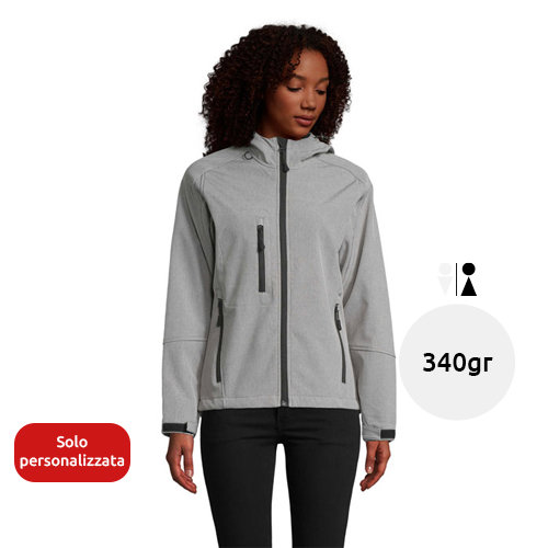 Giacca con cappuccio da donna in softshell 340g con 2 tasche laterali e 1 tasca sul petto con zip