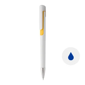 Penna a sfera in plastica bianca con particolari colorati e con meccanismo a scatto e refill blu