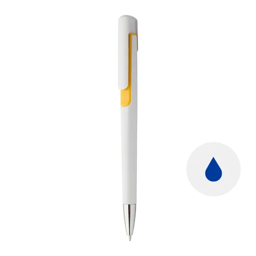 Penna a sfera in plastica bianca con particolari colorati e con meccanismo a scatto e refill blu