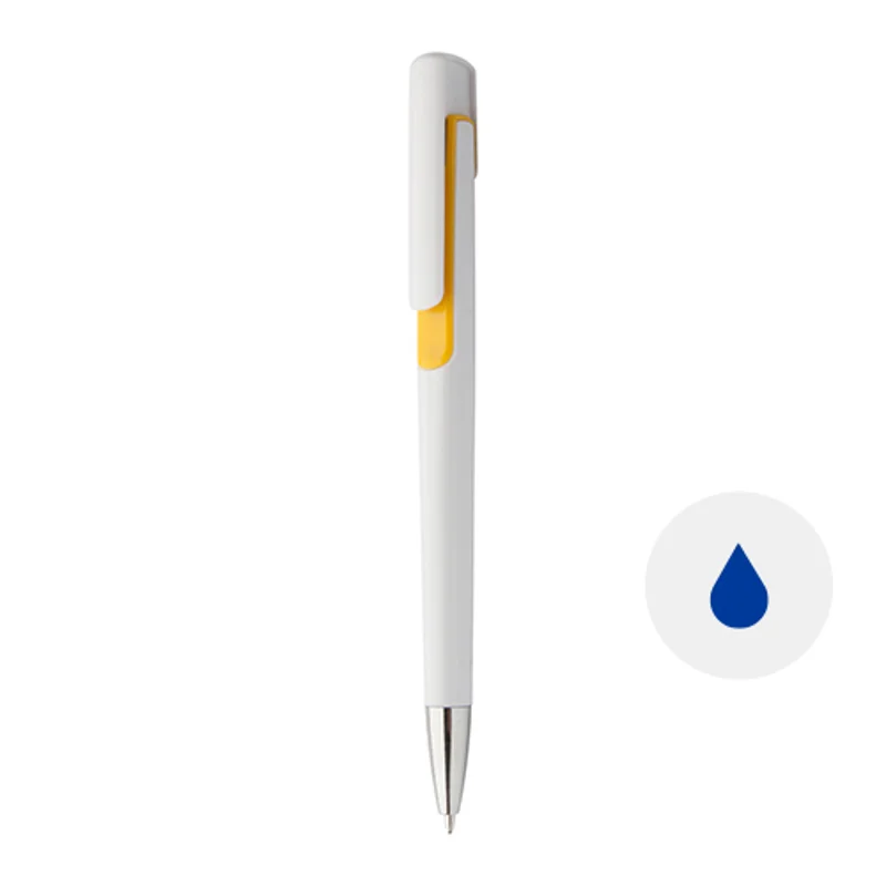 Penna a sfera in plastica bianca con particolari colorati e con meccanismo a scatto e refill blu