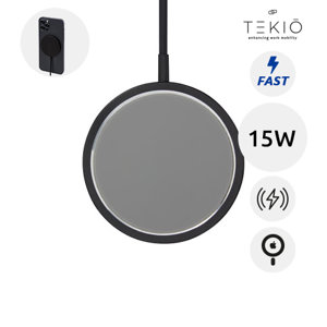 Caricatore wireless magnetico a marchio Tekiō in alluminio con ricarica rapida da 15W fornito in scatola regalo