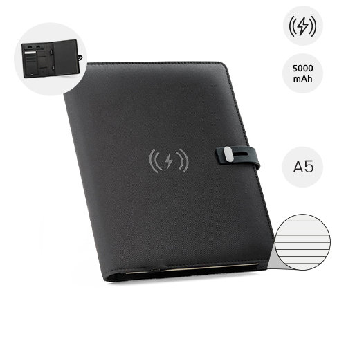 Cartella portadocumenti in RPET con caricatore wireless e Block notes in formato A5 con tasche interne e fornito in scatola regalo