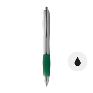 Penna a sfera in plastica con fusto argento e impugnatura gommata colorata con meccanismo a scatto e refill nero