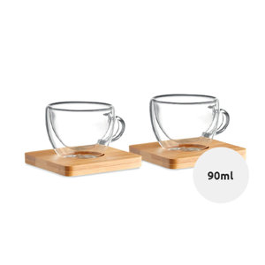 Set di 2 tazzine da caffè in vetro con piattino in bambù 90ml