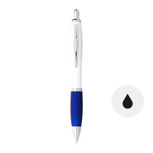 Penna a sfera in plastica con fusto bianco e impugnatura gommata con meccanismo a scatto e refill nero