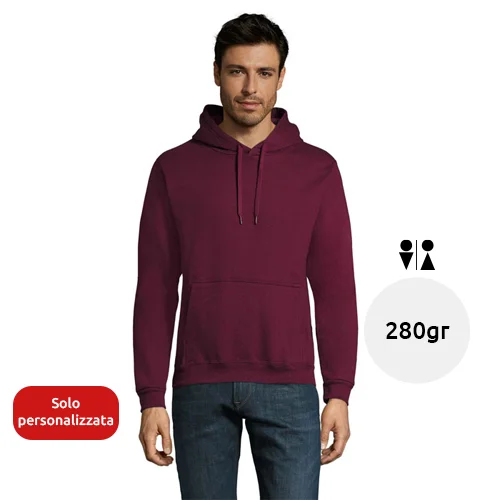 Felpa da adulto unisex colori assortiti con cappuccio e tasca a marsupio taglio aderente in cotone e poliestere 280gr