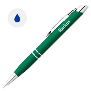 Penna a sfera in alluminio con revistimento in gomma colorata e meccanismo a scatto e refill blu