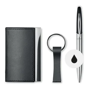 Set composto da penna a sfera in metallo con refill nero e meccanismo a rotazione e porta biglietti da visita e portachiavi in PU e lega di zinco in scatola regalo