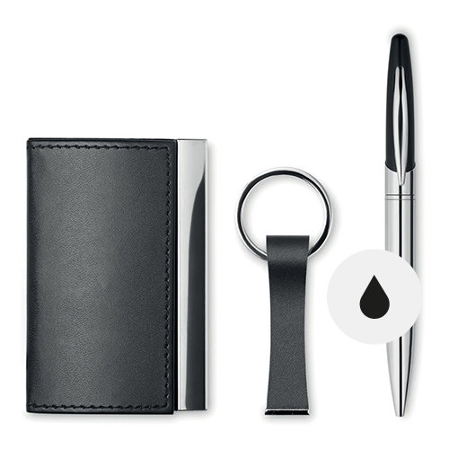 Set composto da penna a sfera in metallo con refill nero e meccanismo a rotazione e porta biglietti da visita e portachiavi in PU e lega di zinco in scatola regalo