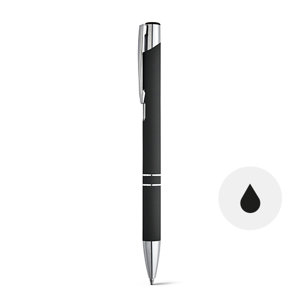 Penna a sfera in alluminio e corpo in gomma disponibile in vari colori con meccanismo a scatto e refill nero