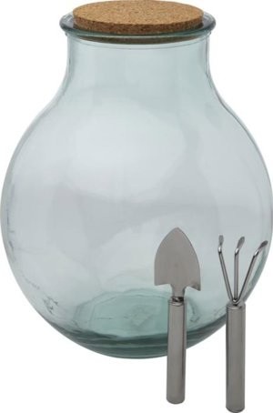 Terrario in vetro riciclato con attrezzi da giardinaggio in acciaio inox e tappo in sughero