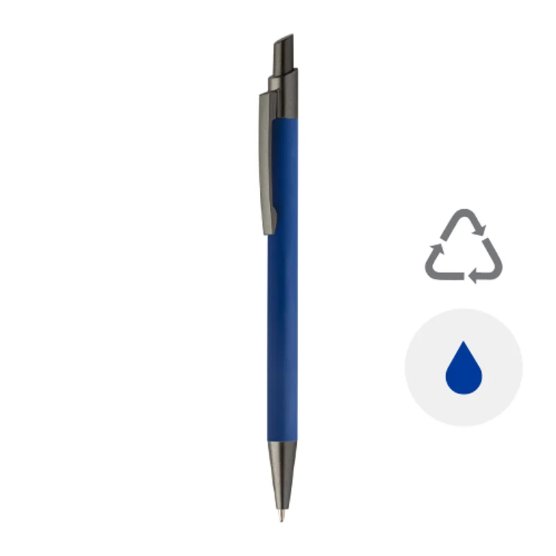 Penna a sfera in alluminio riciclato con finitura gommata in color canna di fucile con refill blu