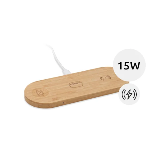 Caricatore wireless 3 in 1 in bambù per smartphone smartwatch e auricolari da 15W