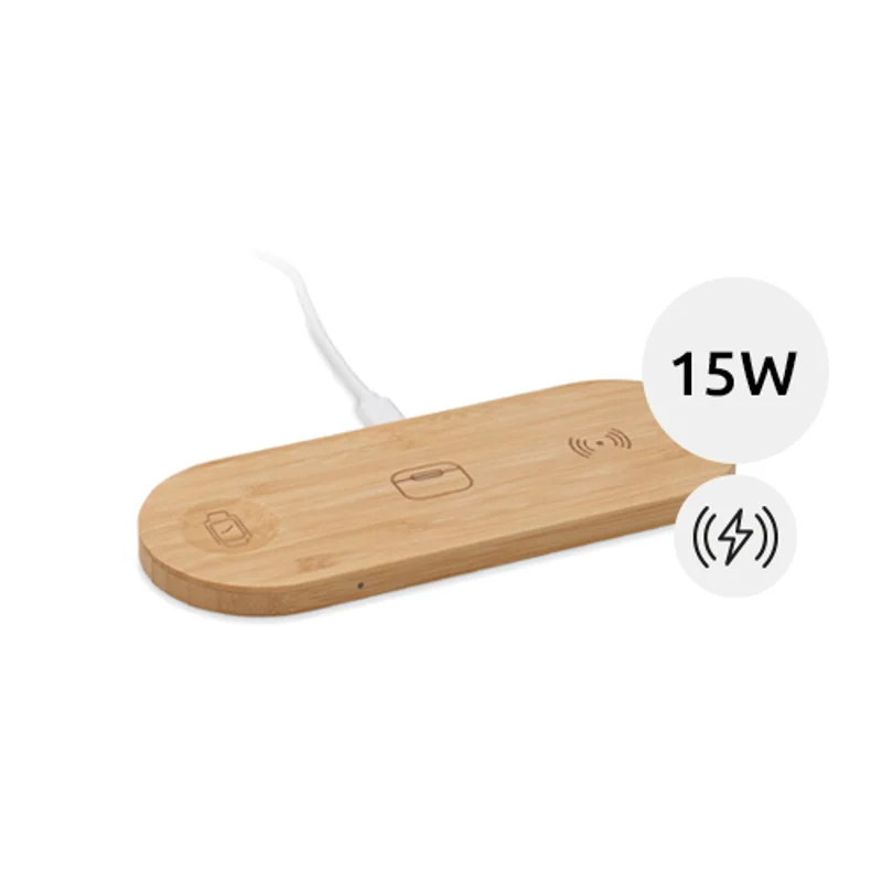Caricatore wireless 3 in 1 in bambù per smartphone smartwatch e auricolari da 15W