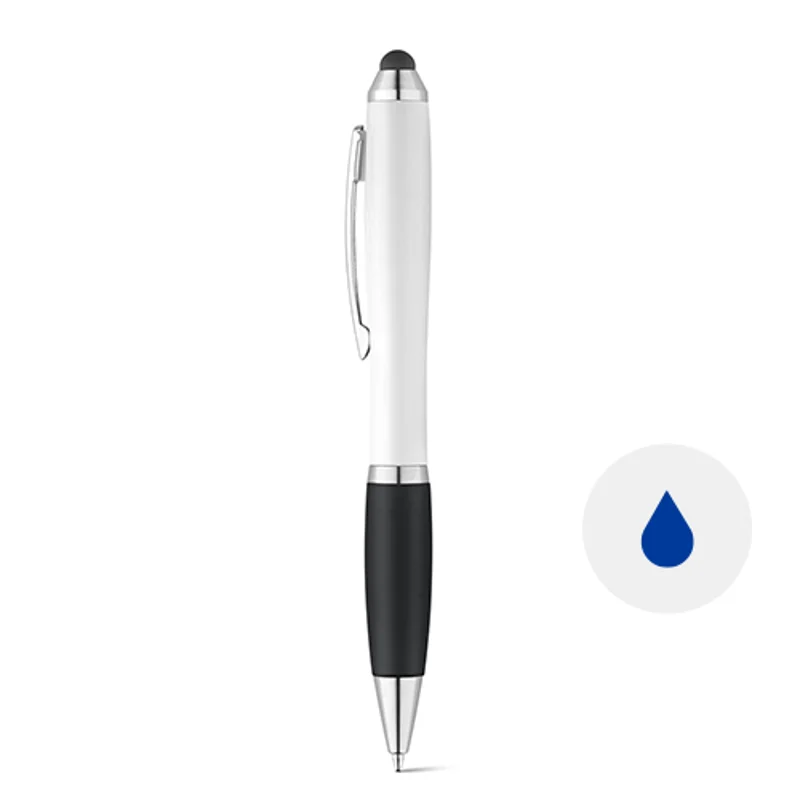 Penna a sfera in plastica con clip in metallo e impugnatura antiscivolo colorata in coordinato con la punta touch e refill blu
