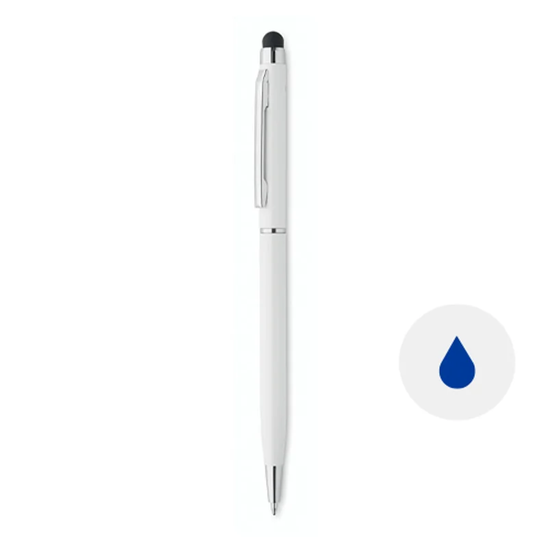 Penna a sfera in alluminio antibatterica con e clip cromata lucida e punta touch con meccanismo a rotazione e refill blu