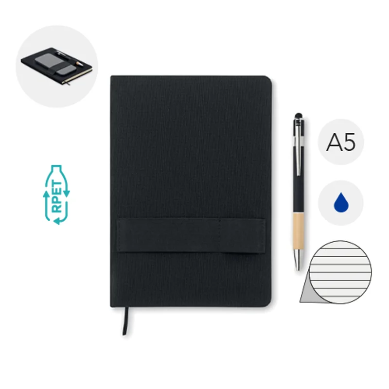 Block notes A5 con copertina rigida in RPET ed elastico porta cellulare con penna a sfera ad impugnatura in bambù refill blu