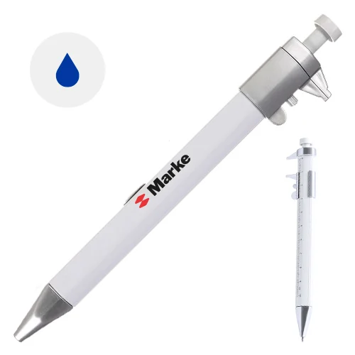 Penna a sfera in plastica multiuso con righello da 10 cm e calibro con meccanismo a scatto e refill blu