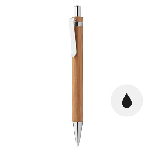 Penna a sfera in bambù con clip in metallo con meccanismo a scatto e refill nero