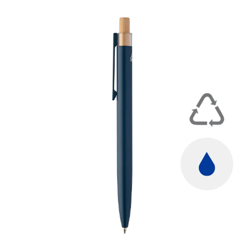 Penna a sfera in alluminio riciclato con pulsante in bambù e refill blu