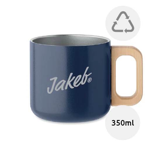 Tazza in acciaio inox riciclato da 350ml con manico in legno e scatola regalo bianca