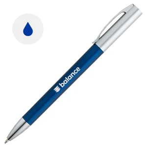 Penna a sfera in plastica con clip in metallo e finitura metallizzata con meccanismo a rotazione e refill blu