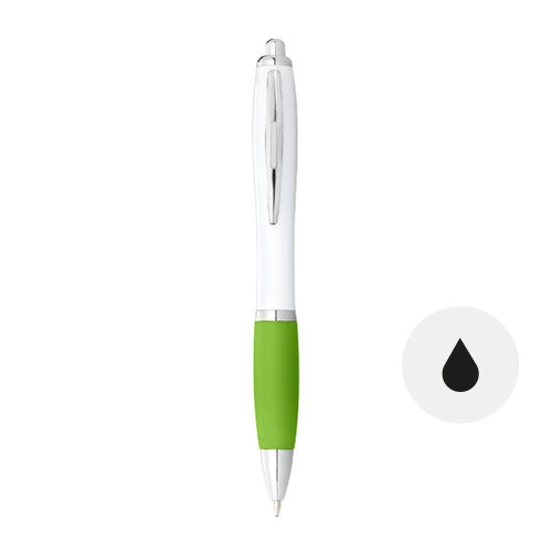 Penna a sfera in plastica con fusto bianco e impugnatura gommata con meccanismo a scatto e refill nero