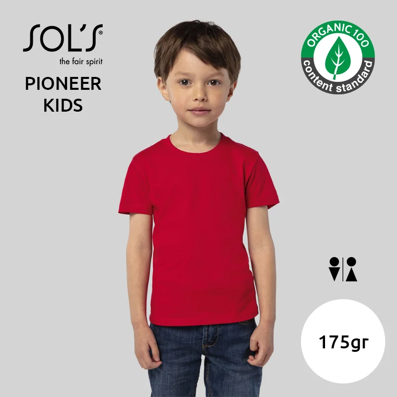 T-shirt SOL'S PIONEER da bambino unisex 100% cotone biologico a girocollo taglio aderente 175gr