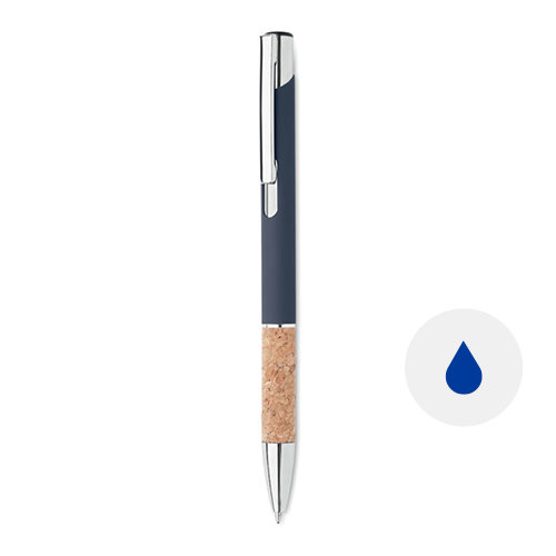 Penna a sfera a pulsante in alluminio con impugnatura sughero e refill blu