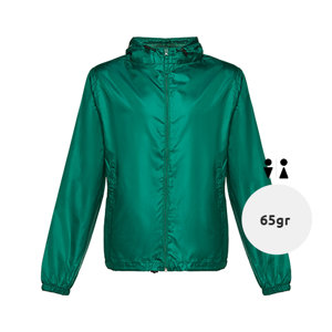 Giacca a vento da adulto unisex colori assortiti con cappuccio e tasche laterali in poliestere 65gr