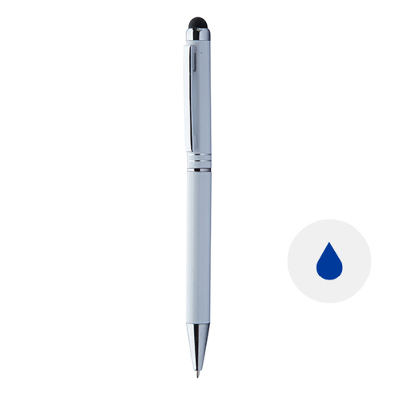 Penna a sfera in alluminio con punta touch e meccanismo a rotazione a refill blu