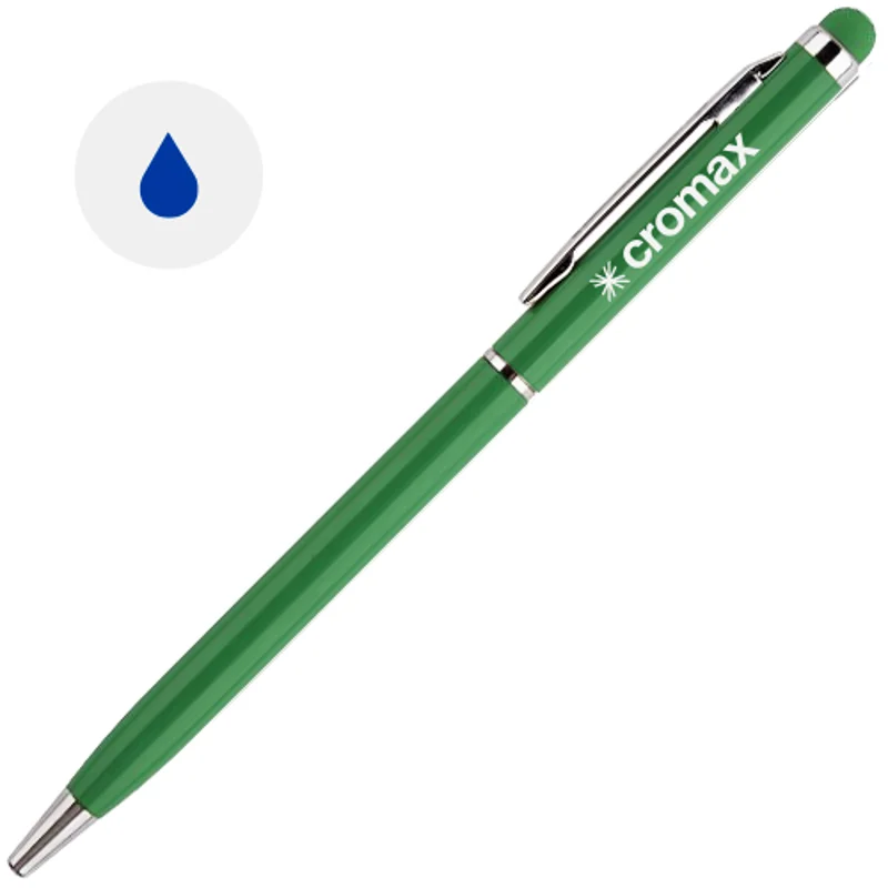 Penna a sfera in alluminio disponibile in vari colori in coordinato con la punta touch e meccanismo a rotazione a refill blu