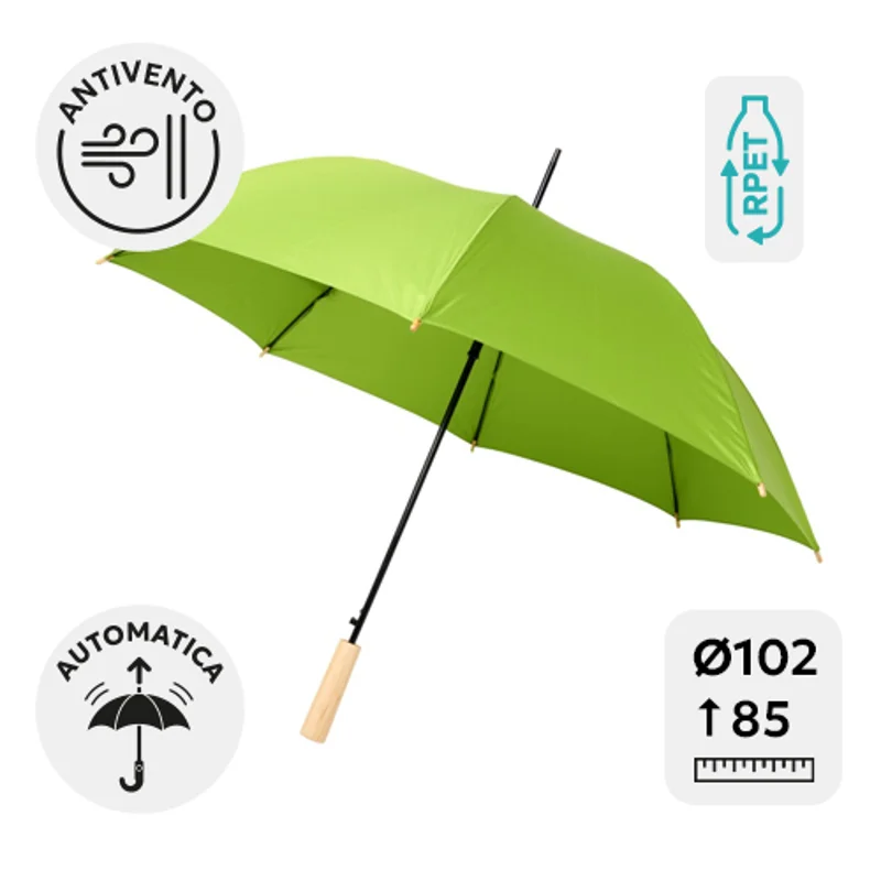 Ombrello RPET antivento automatico 23” con manico in legno dritto