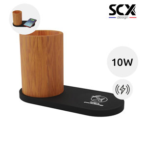 Stazione di ricarica a marchio SCX wireless da 10W con personalizzazione luminosa e porta oggetti in bambù fornita in scatola regalo