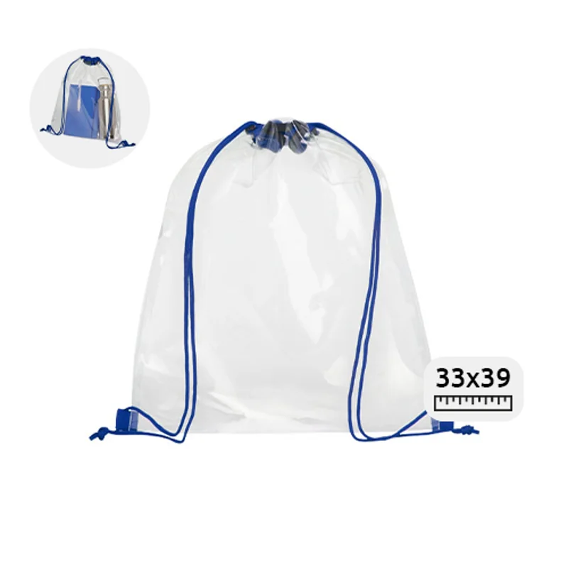 Sacca zaino in PVC trasparente e chiusura a coulisse con cordini colorati 33x39cm