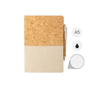 Block notes A5 con copertina in sughero e cotone con 80 fogli neutri e penna in sughero e paglia di grano refill nero