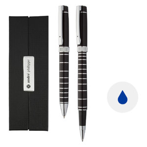 Set di penne in alluminio composto da penna a sfera e roller con refill blu corpo lucido e anelli cromati in confezione regalo